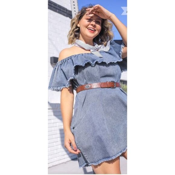 Elan Off-Shoulder Denim Tencel Dress With Frayed Hemline Women's Size M - Picture 1 of 10